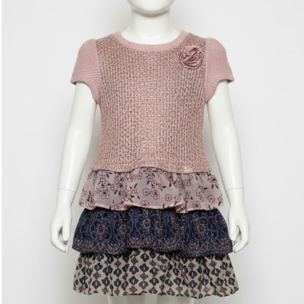 Blueberry Boulevard Girls Pink Sequin Crochet Tiered Ruffle Dress Size 7/8